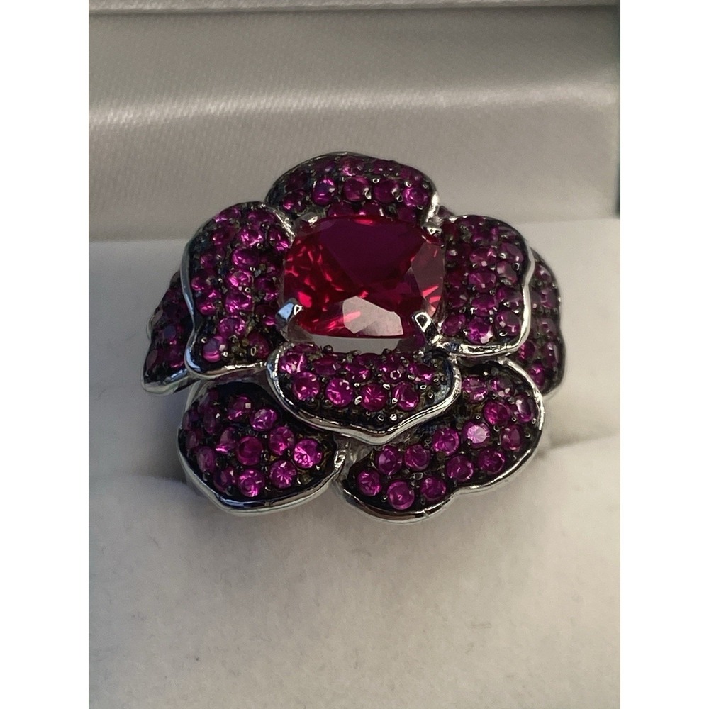 Stella & Dot .925 Sterling Silver Ruby Red Floral Statement Ring Size 8.25